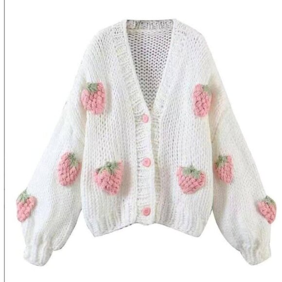 Sweaters - Women's Pink Knit Cardigan 100% Acrylic V Neck Button Embroidered Strawberry